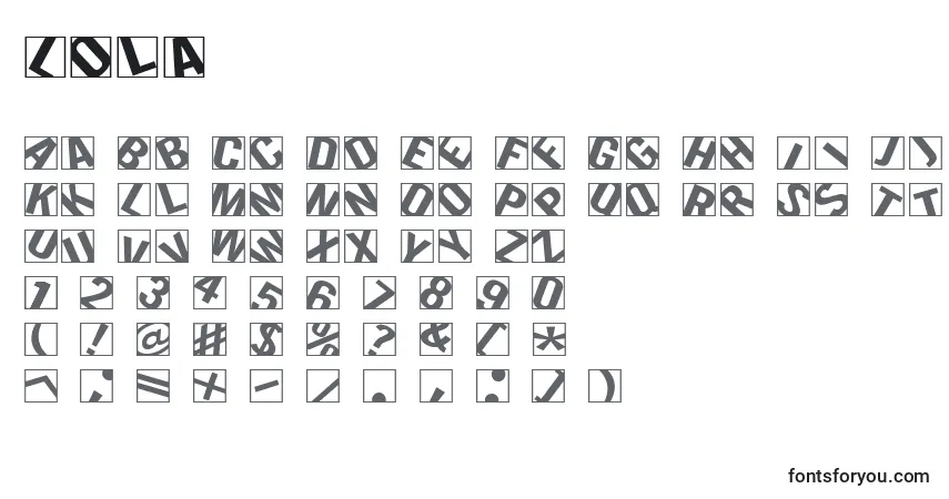 Czcionka Lola – alfabet, cyfry, specjalne znaki