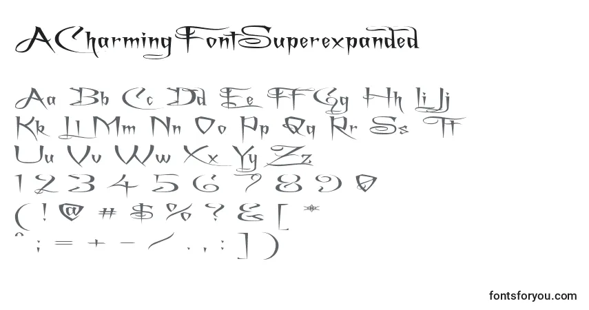 Czcionka ACharmingFontSuperexpanded – alfabet, cyfry, specjalne znaki