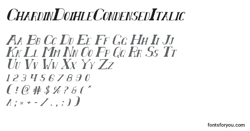 Czcionka ChardinDoihleCondensedItalic – alfabet, cyfry, specjalne znaki