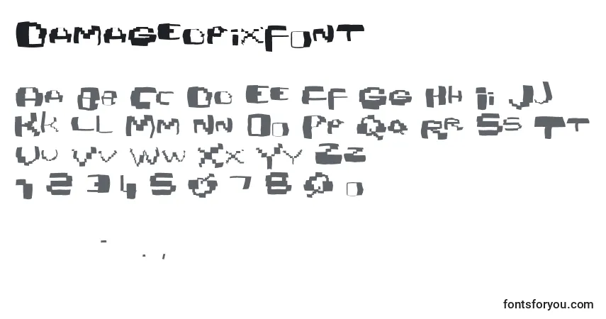 Czcionka Damagedpixfont – alfabet, cyfry, specjalne znaki
