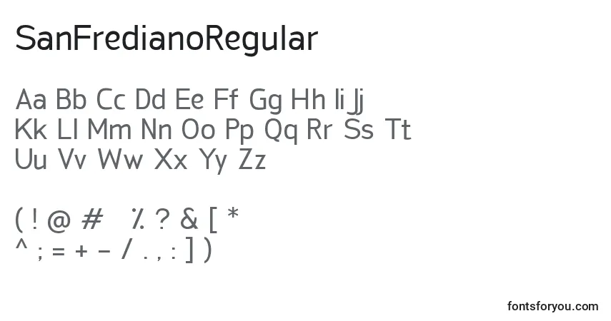 Czcionka SanFredianoRegular – alfabet, cyfry, specjalne znaki