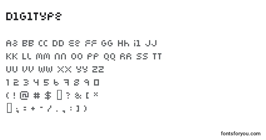Fuente Digitype - alfabeto, números, caracteres especiales