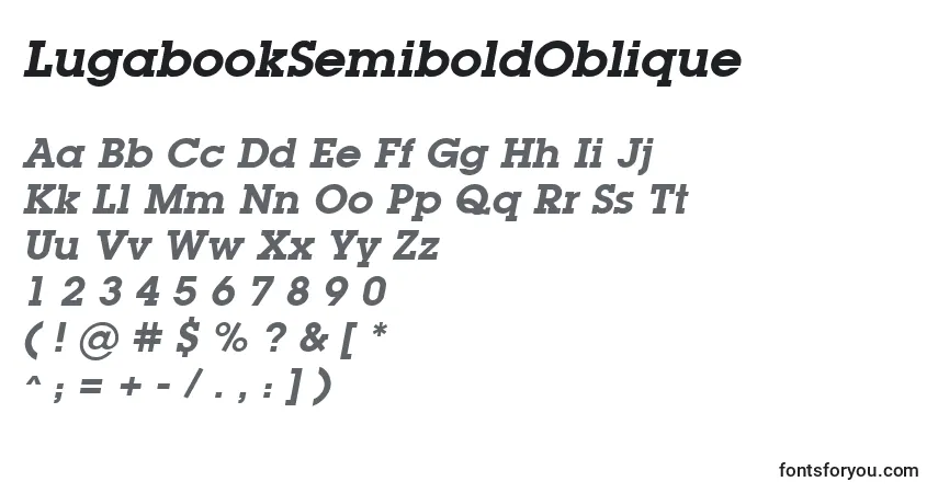 A fonte LugabookSemiboldOblique – alfabeto, números, caracteres especiais