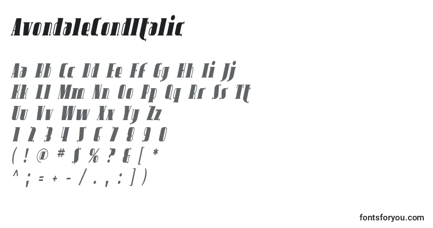 Шрифт AvondaleCondItalic – алфавит, цифры, специальные символы