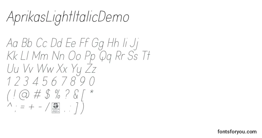 Шрифт AprikasLightItalicDemo – алфавит, цифры, специальные символы