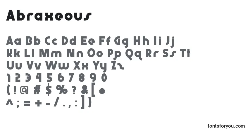 Czcionka Abraxeous – alfabet, cyfry, specjalne znaki