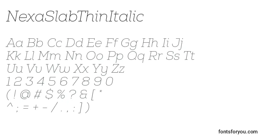 Шрифт NexaSlabThinItalic – алфавит, цифры, специальные символы