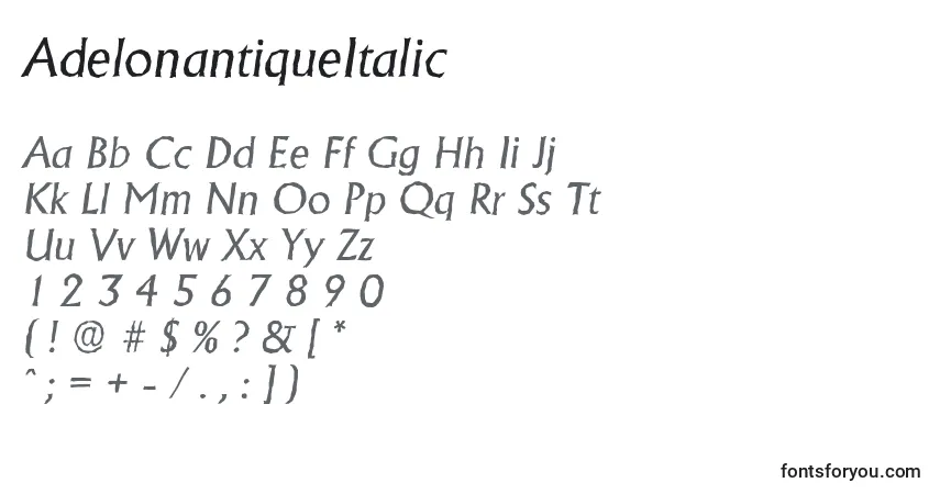 Шрифт AdelonantiqueItalic – алфавит, цифры, специальные символы
