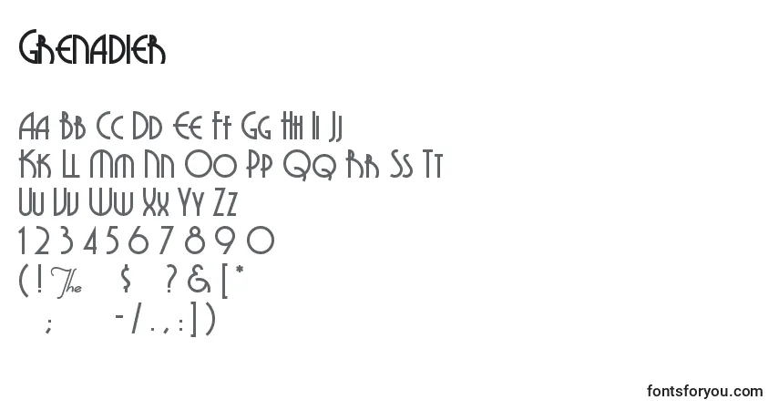 A fonte Grenadier – alfabeto, números, caracteres especiais