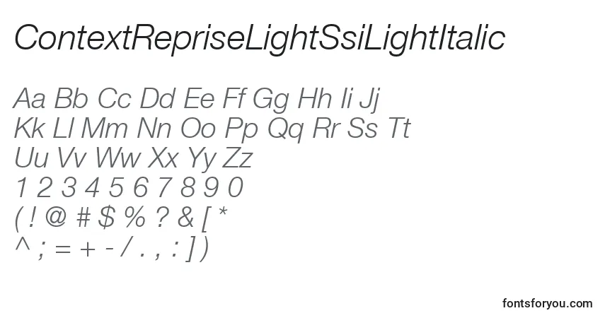Czcionka ContextRepriseLightSsiLightItalic – alfabet, cyfry, specjalne znaki