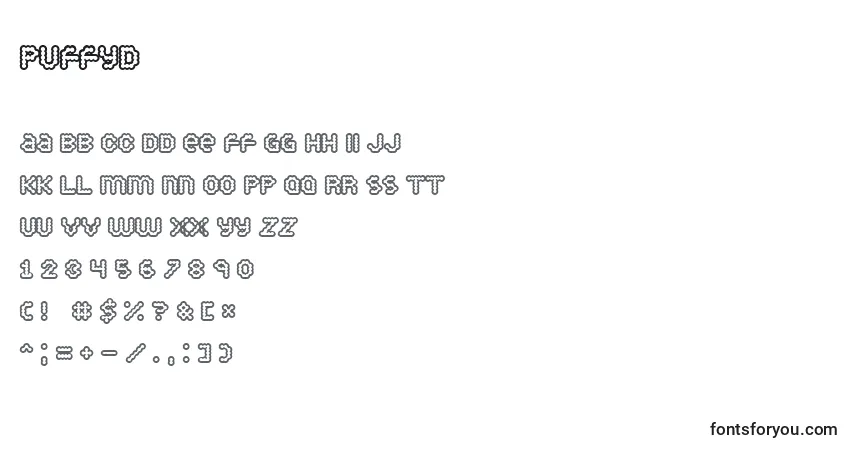 A fonte Puffyd – alfabeto, números, caracteres especiais