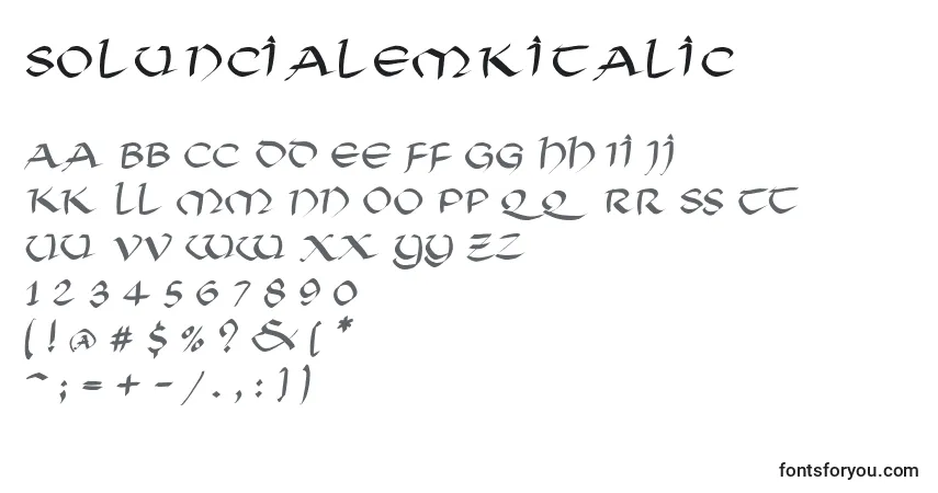 Czcionka Soluncialemkitalic – alfabet, cyfry, specjalne znaki