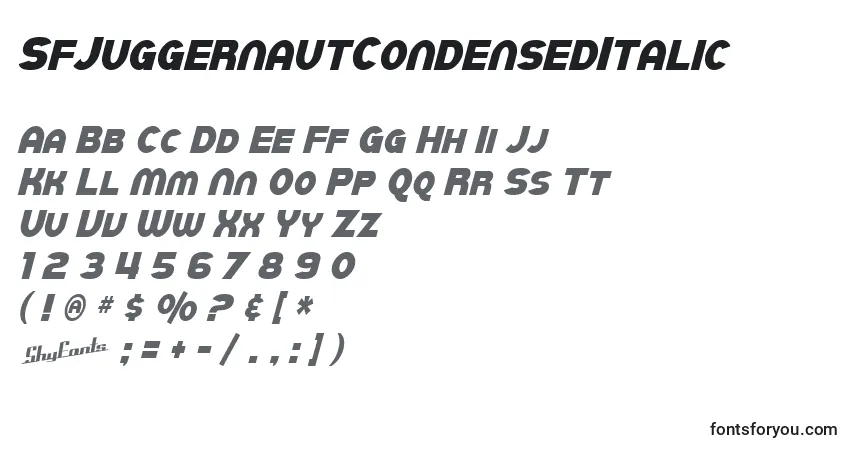 Schriftart SfJuggernautCondensedItalic – Alphabet, Zahlen, spezielle Symbole