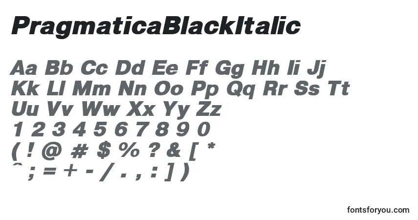 Schriftart PragmaticaBlackItalic – Alphabet, Zahlen, spezielle Symbole