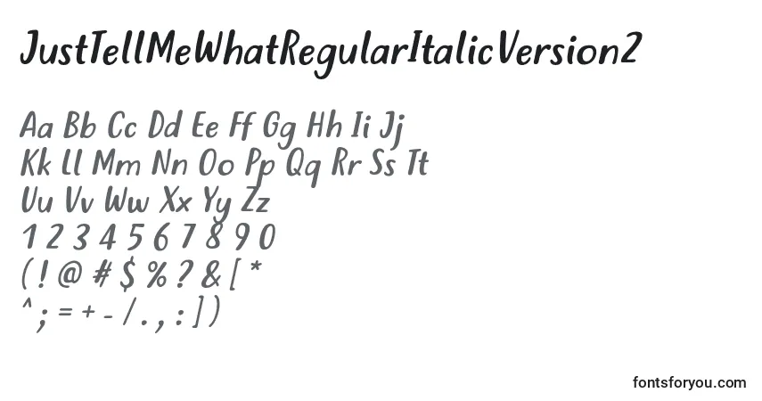 Czcionka JustTellMeWhatRegularItalicVersion2 – alfabet, cyfry, specjalne znaki