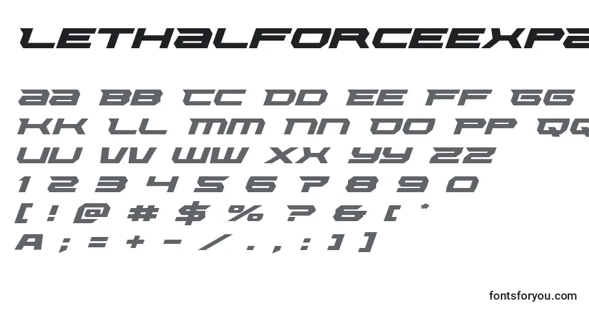 Schriftart Lethalforceexpandital – Alphabet, Zahlen, spezielle Symbole