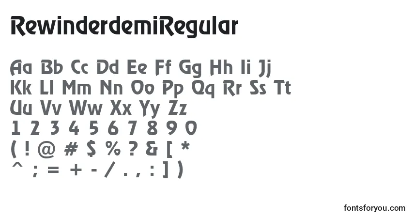 Czcionka RewinderdemiRegular – alfabet, cyfry, specjalne znaki