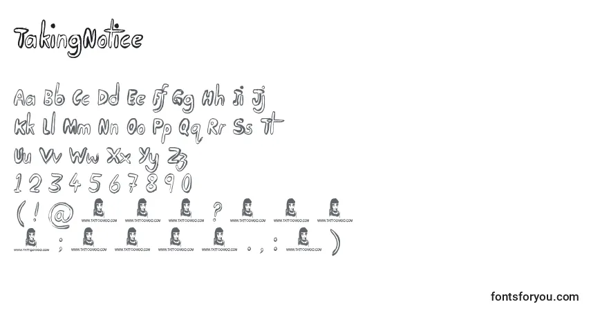 Czcionka TakingNotice – alfabet, cyfry, specjalne znaki