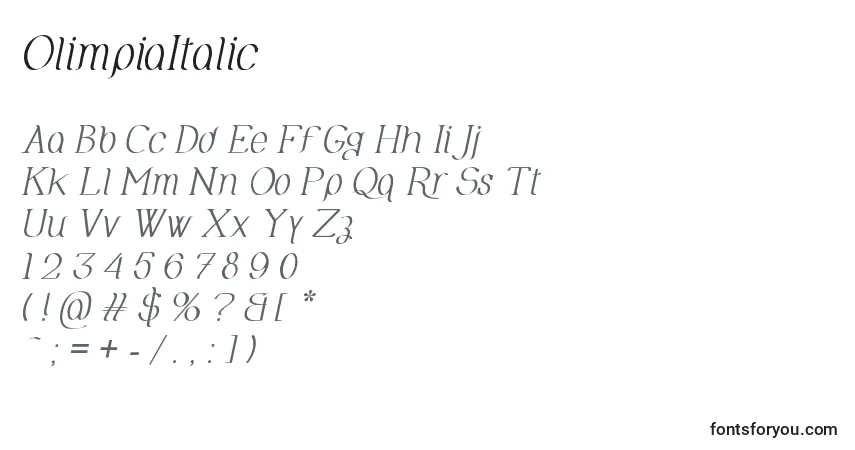 A fonte OlimpiaItalic – alfabeto, números, caracteres especiais