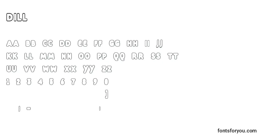 Czcionka Dill – alfabet, cyfry, specjalne znaki