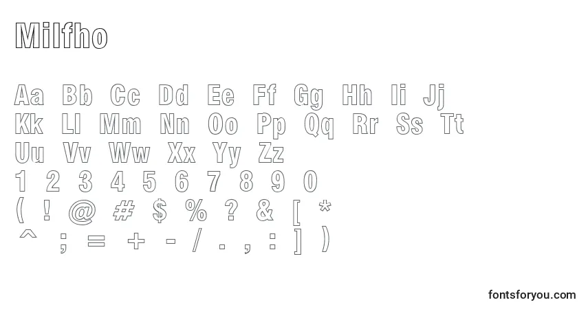 Czcionka Milfho – alfabet, cyfry, specjalne znaki
