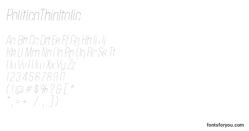 Czcionka PoliticaThinItalic – alfabet, cyfry, specjalne znaki