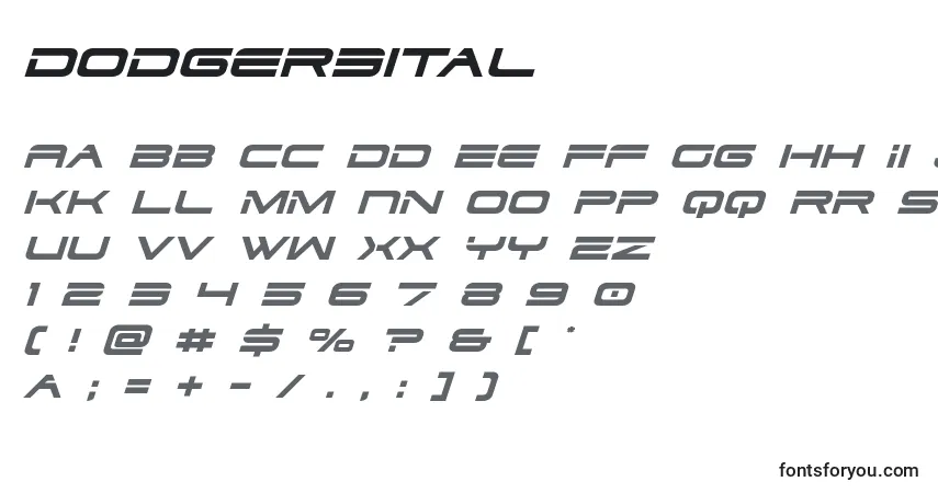 Czcionka Dodger3ital – alfabet, cyfry, specjalne znaki