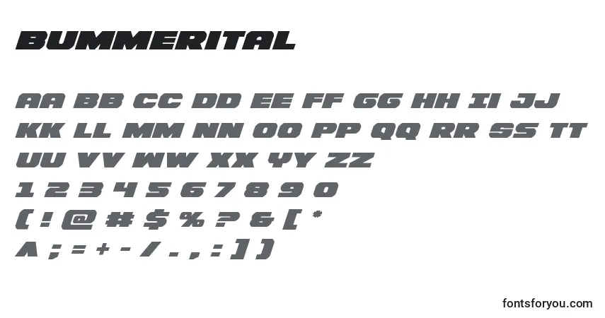 Schriftart Bummerital – Alphabet, Zahlen, spezielle Symbole