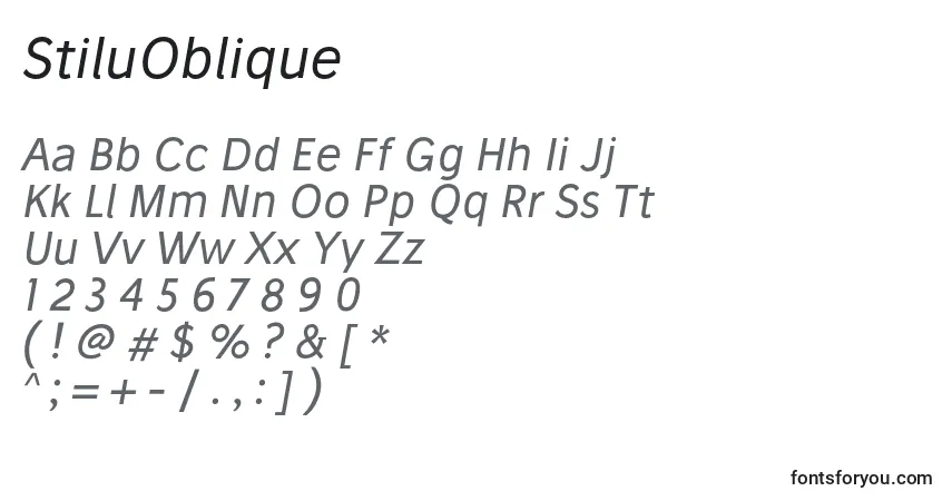 StiluOblique-fontti – aakkoset, numerot, erikoismerkit