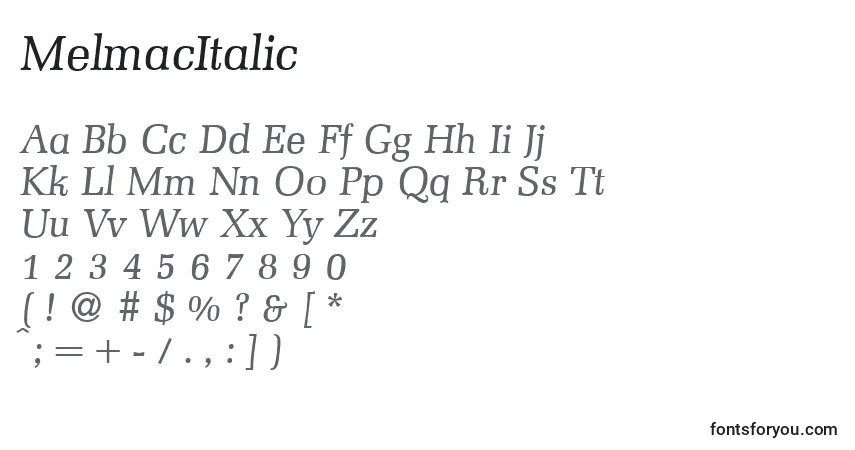 A fonte MelmacItalic – alfabeto, números, caracteres especiais