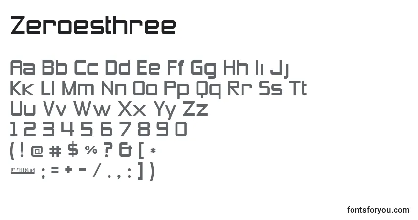 Czcionka Zeroesthree – alfabet, cyfry, specjalne znaki