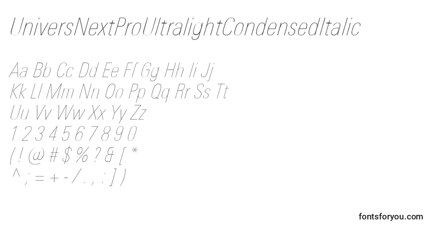 Шрифт UniversNextProUltralightCondensedItalic – алфавит, цифры, специальные символы