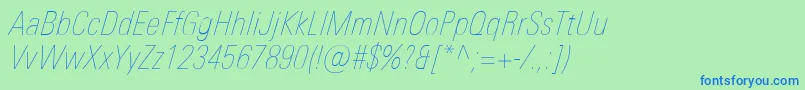 UniversNextProUltralightCondensedItalic-Schriftart – Blaue Schriften auf grünem Hintergrund