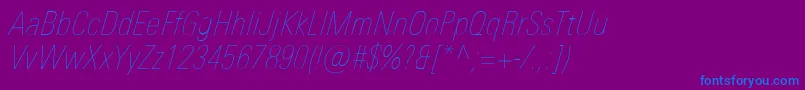 UniversNextProUltralightCondensedItalic-Schriftart – Blaue Schriften auf violettem Hintergrund