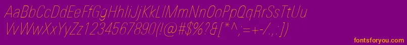 UniversNextProUltralightCondensedItalic-Schriftart – Orangefarbene Schriften auf violettem Hintergrund
