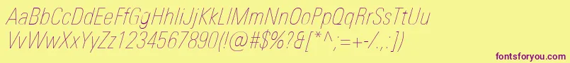 UniversNextProUltralightCondensedItalic Font – Purple Fonts on Yellow Background