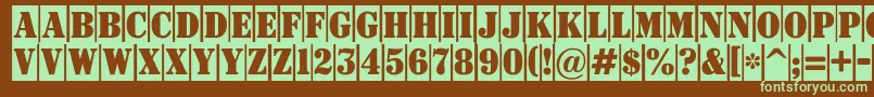 フォントSignboardtitulnrcm – 緑色の文字が茶色の背景にあります。