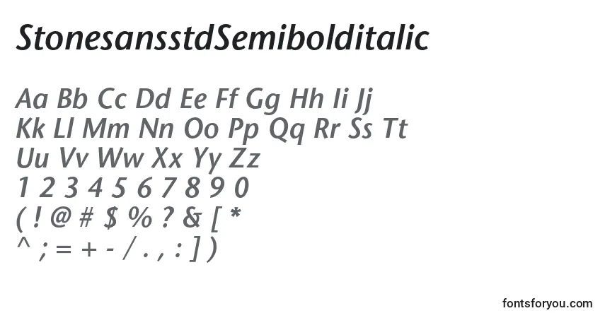 Шрифт StonesansstdSemibolditalic – алфавит, цифры, специальные символы
