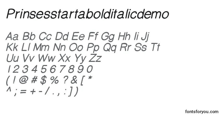 Czcionka Prinsesstartabolditalicdemo – alfabet, cyfry, specjalne znaki