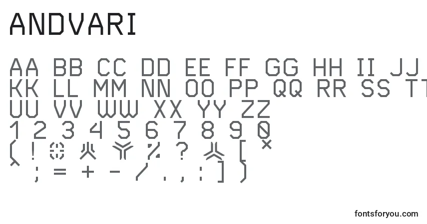 Czcionka Andvari – alfabet, cyfry, specjalne znaki