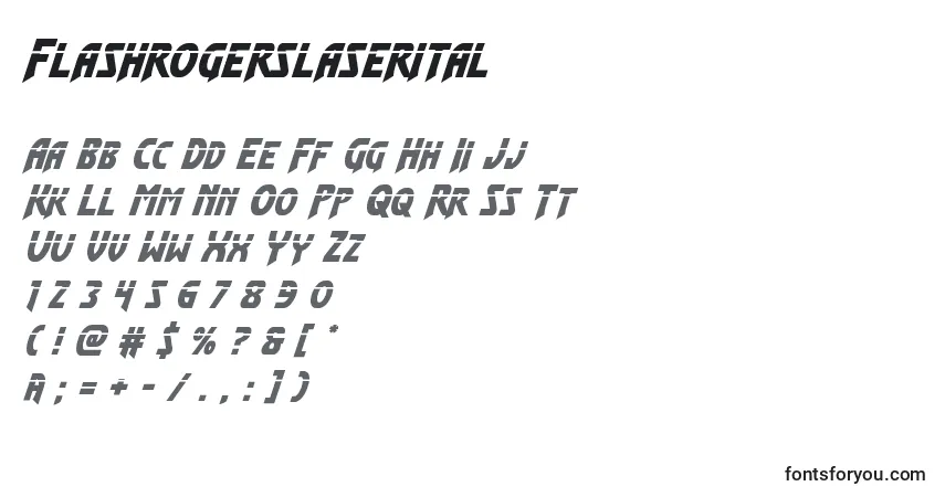 Schriftart Flashrogerslaserital – Alphabet, Zahlen, spezielle Symbole