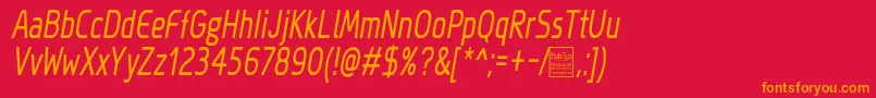 MegiSansNarrowItalicDemo-Schriftart – Orangefarbene Schriften auf rotem Hintergrund