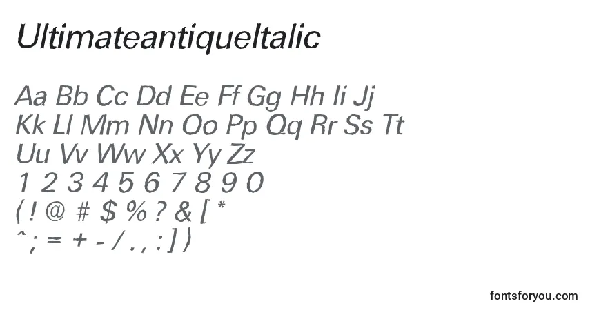 Czcionka UltimateantiqueItalic – alfabet, cyfry, specjalne znaki