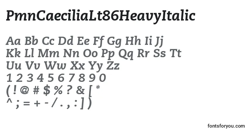 Шрифт PmnCaeciliaLt86HeavyItalic – алфавит, цифры, специальные символы