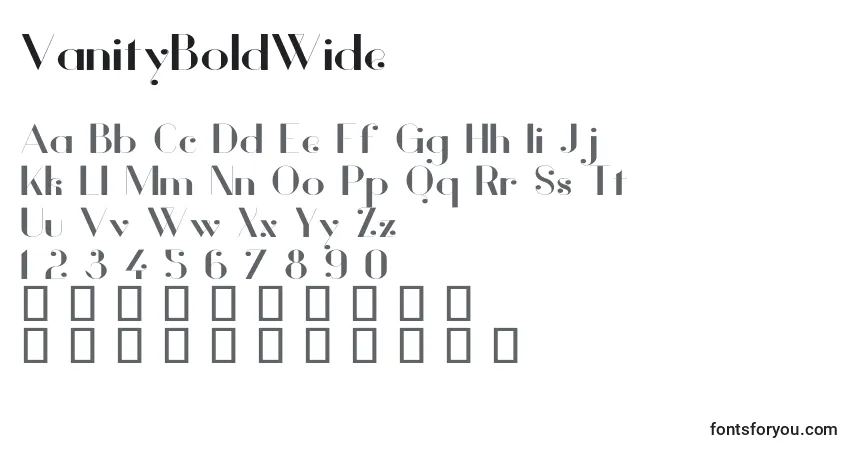 Czcionka VanityBoldWide – alfabet, cyfry, specjalne znaki