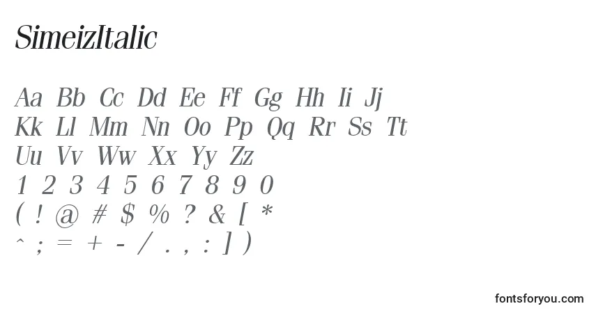 A fonte SimeizItalic – alfabeto, números, caracteres especiais