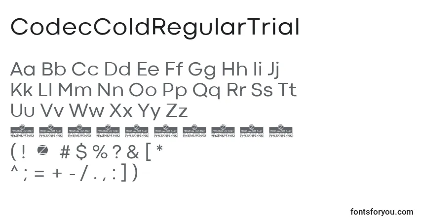 A fonte CodecColdRegularTrial – alfabeto, números, caracteres especiais