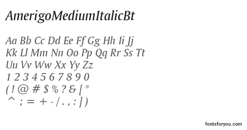 A fonte AmerigoMediumItalicBt – alfabeto, números, caracteres especiais