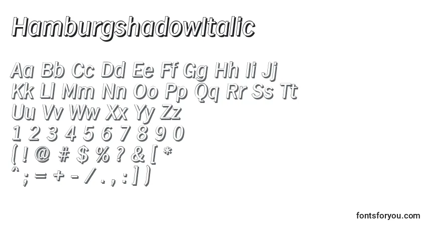 Czcionka HamburgshadowItalic – alfabet, cyfry, specjalne znaki