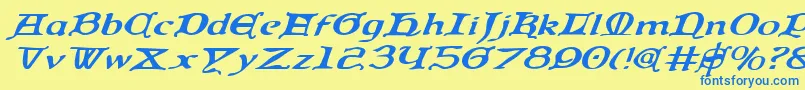 フォントQueencountryei – 青い文字が黄色の背景にあります。